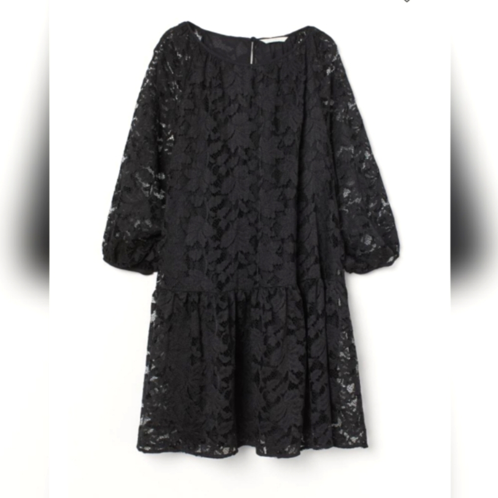 Black Raglan Balloon Sleeve Lace Dress